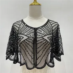 Vintage 1920s Flapper Shawl Sequin Beaded Short Cape Beaded Decoration Gatsby Party Mesh Short Cover Up For Evening Dress