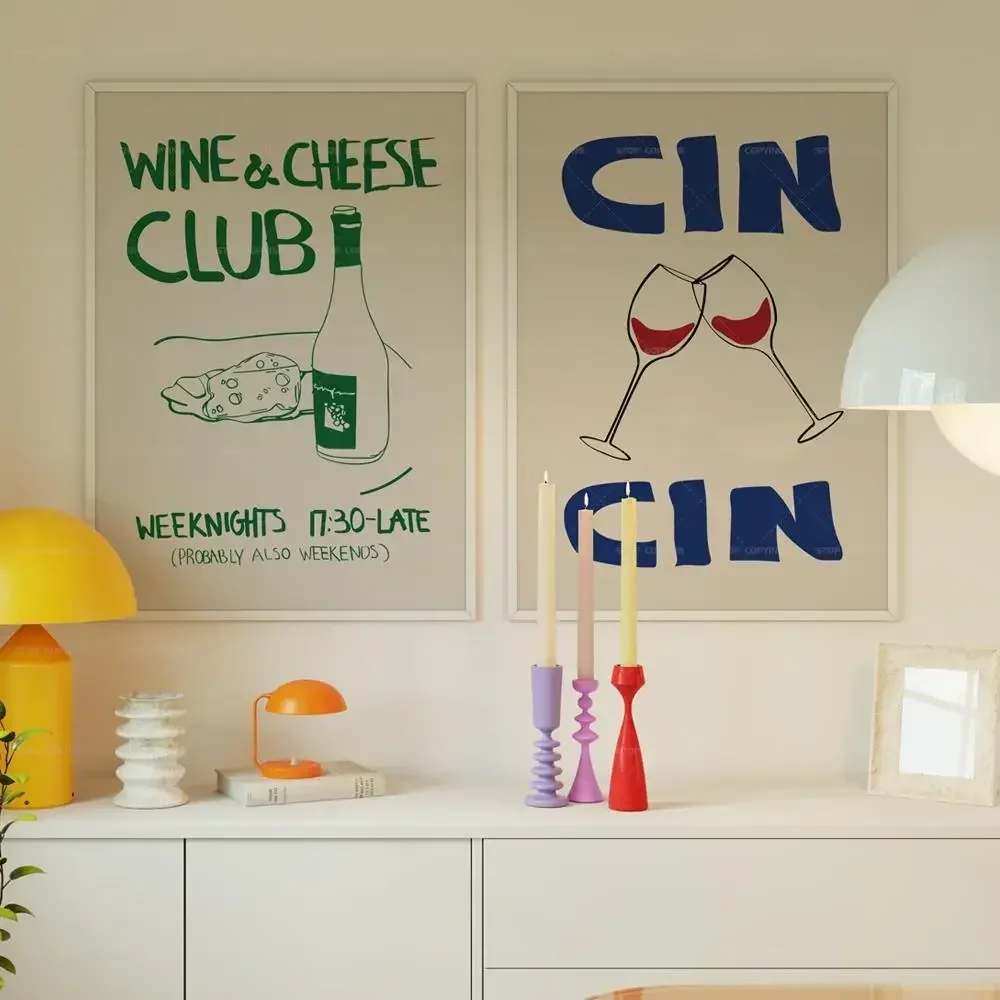 1pc Unframed Mid Century Wine and Cheese Club Posters Prints Pic Vintage Food Quotes Wall Art Canvas Painting for Modern Kitchen