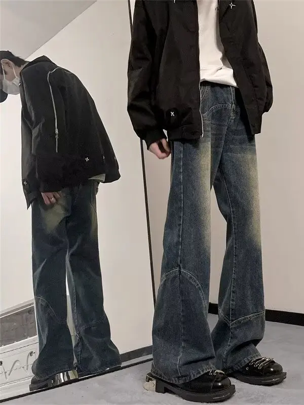 

Retro American Splicing adient Bell Bot Jeans Men's Trendy High Street Slimming Design Straight Leg Jeans Autumn Wear