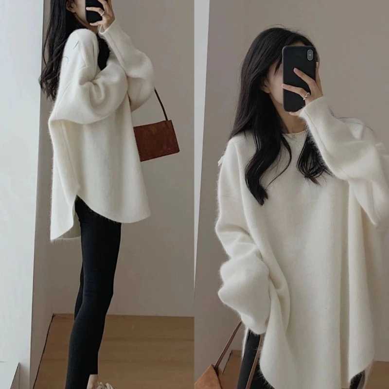 

Autumn Winter New Fashion Round Neck Long Sleeve Solid Mink Fur Pullovers Women's Clothing Korean Loose Knitting All-match Tops