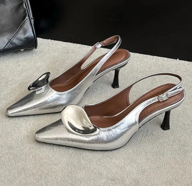

Metal Decoration Silver High Heels for Women 2026 Spring Pointed Toe Back Strap Buckle Designer Pumps Elegant Party Dress Shoes