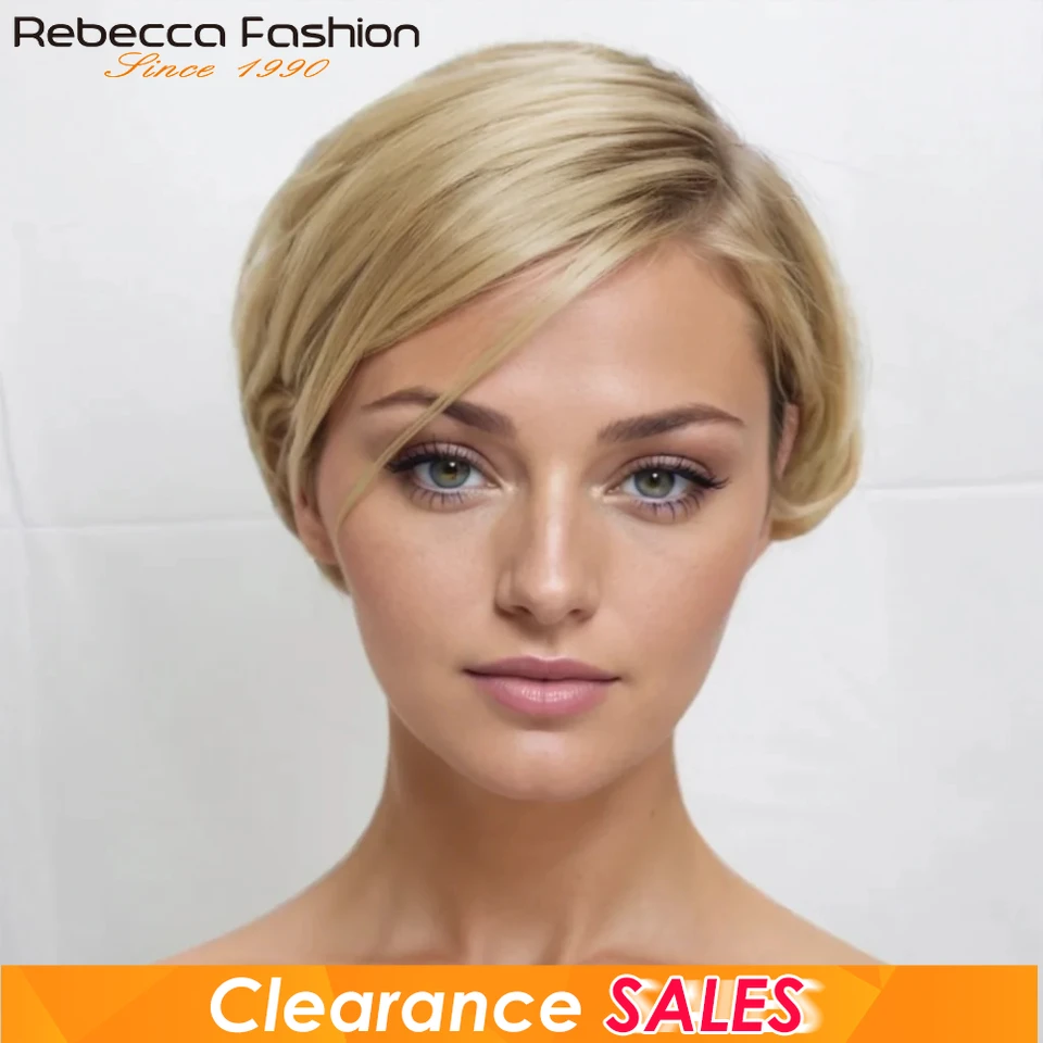 

Ombre Blonde 613 Short Cut Pixie Straight Bob Part Lace Wig Remy Human Hair With Bangs C Lace Wigs Natural Honey Color QVR Hair