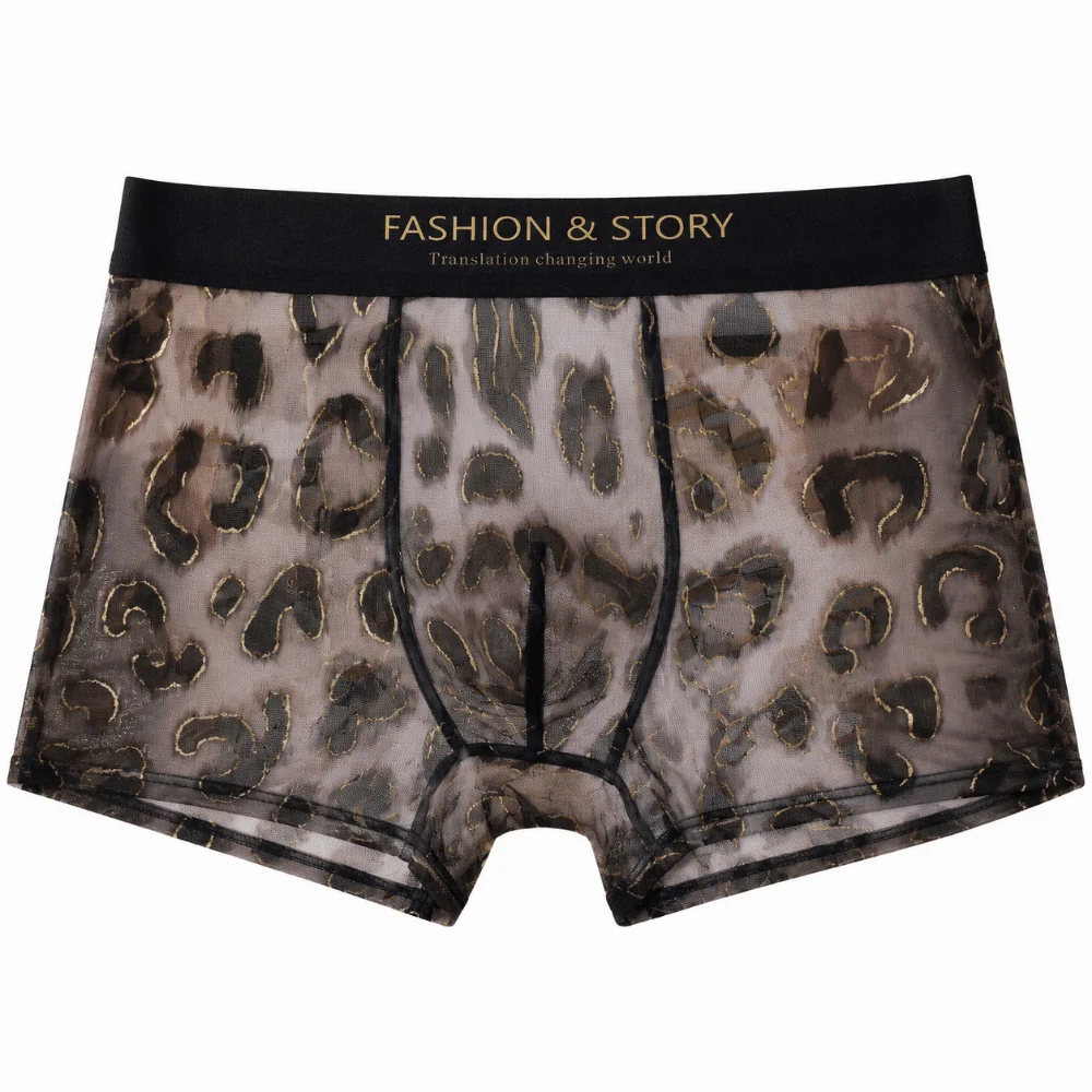 

Satin-Like Smooth Leopard Print Men's Ice Silk Boxer Underwear Seamless Mesh Boxer Briefs Ultra Thin Panties Shorts Male Summer