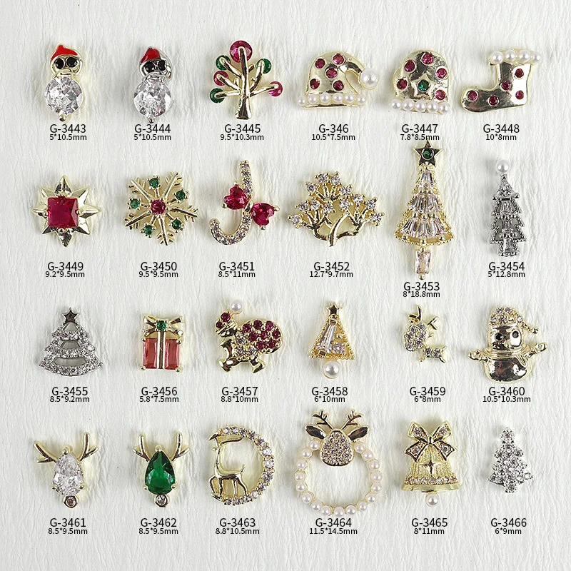 2pcs Christmas Nail Art Charms Diamond Zircon Jewelry Colored Deer Head Snowmen Tree Bell Gifts Box Decorations Bulk Supply