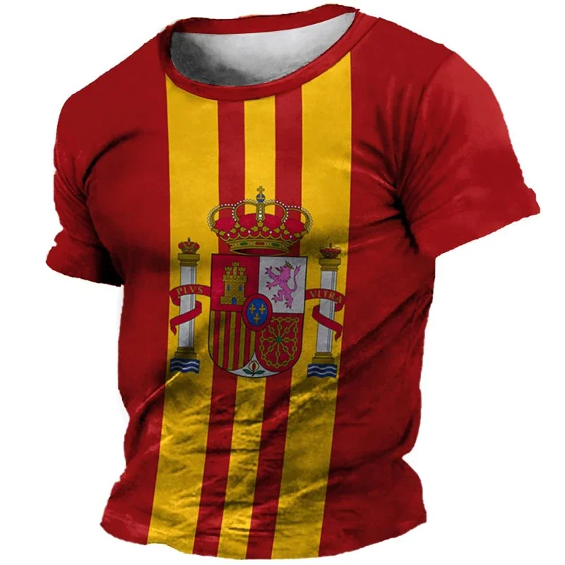 Retro Spain Flag 3D Printed T-shirt Men's Clothing Short Sleeve Crew Neck T Shirts Harajuku National