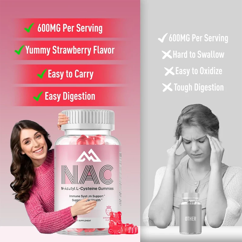 NAC gummies 600mg, used for antioxidants and immune support, lung and liver health, natural strawberry flavor, 60 pills