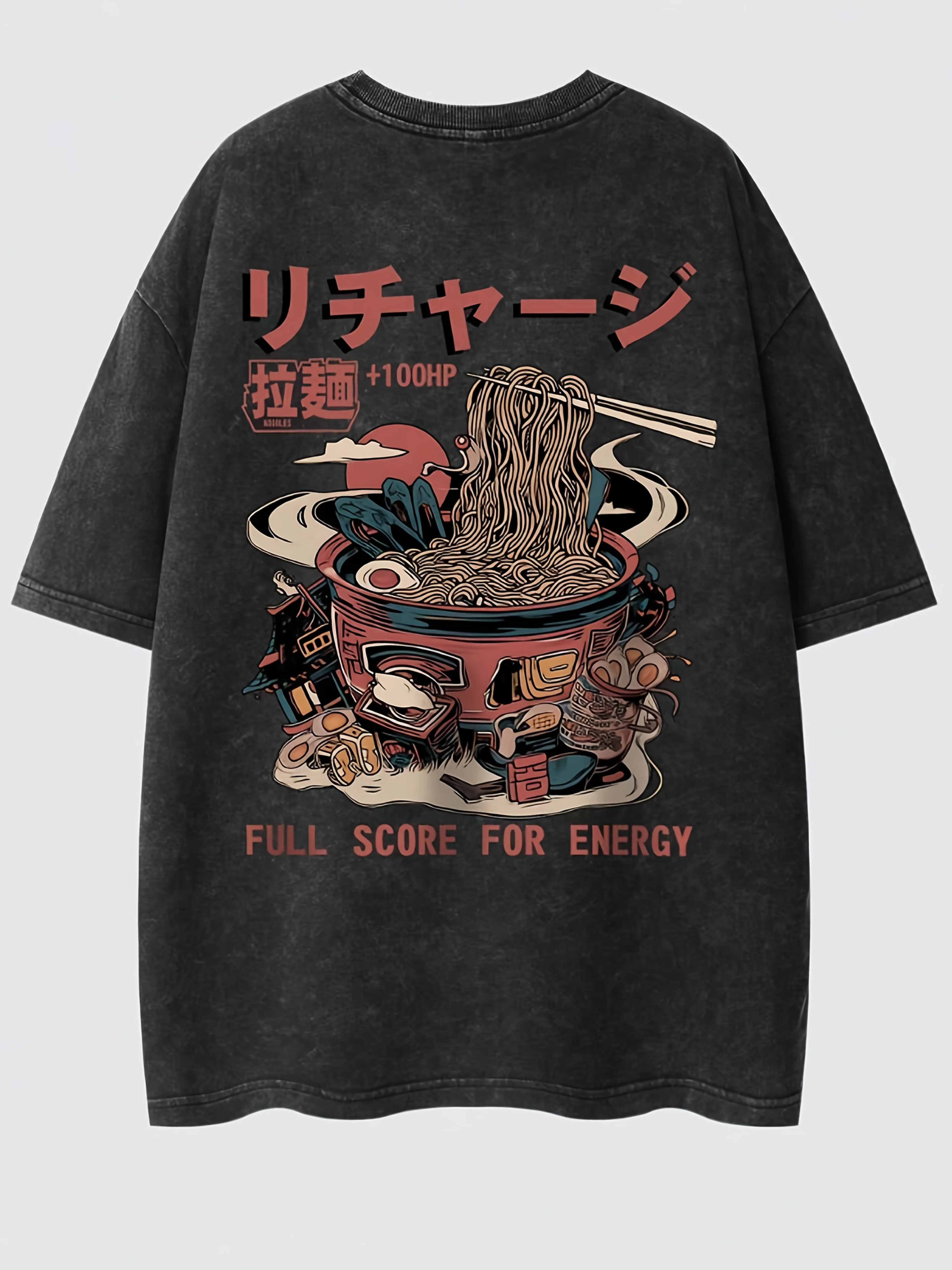 Men's Summer Japanese Ramen Double-sided Printed High-quality Matte Distressed Washed cotton T-shirt for Street Style Loose Hip