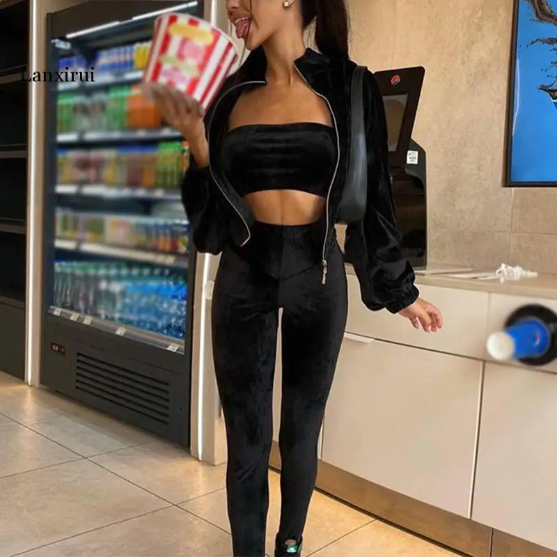 Velour Suit Long Sleeve Coat And Pants Fleece Suit Tracksuit Women Sweatsuits Sexy Solid Streetwear Outfit Three Pcs Set