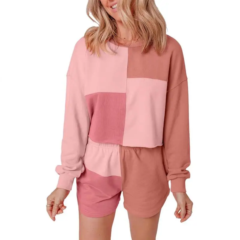 

Новый женский повседневный комплект из двух предметов: свободный костюм с длинным рукавом и круглым вырезом, весна-лето, трансграничный цветной блок-комплект