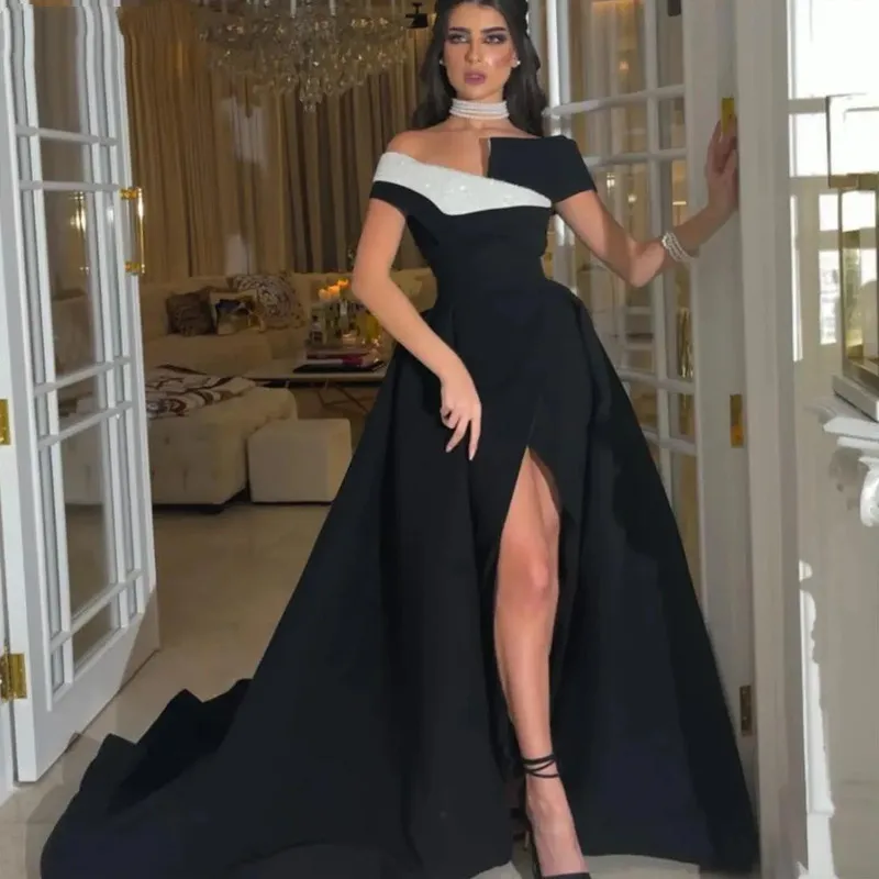 Aleeshuo Classic Black Satin Long Prom Dress A Line Party Dresses High Side Split Gowns Off the Shoulder Party Dress Customized