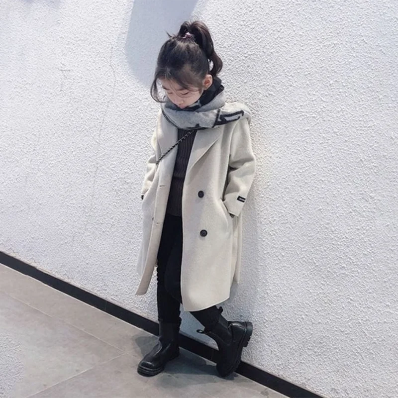 

Autumn Winter New Solid Color Thick Warm Flip Collar Fashion Windbreak For 4-14Y Teen Kids Ooutwear Girls Woolen Overcoat Jacket