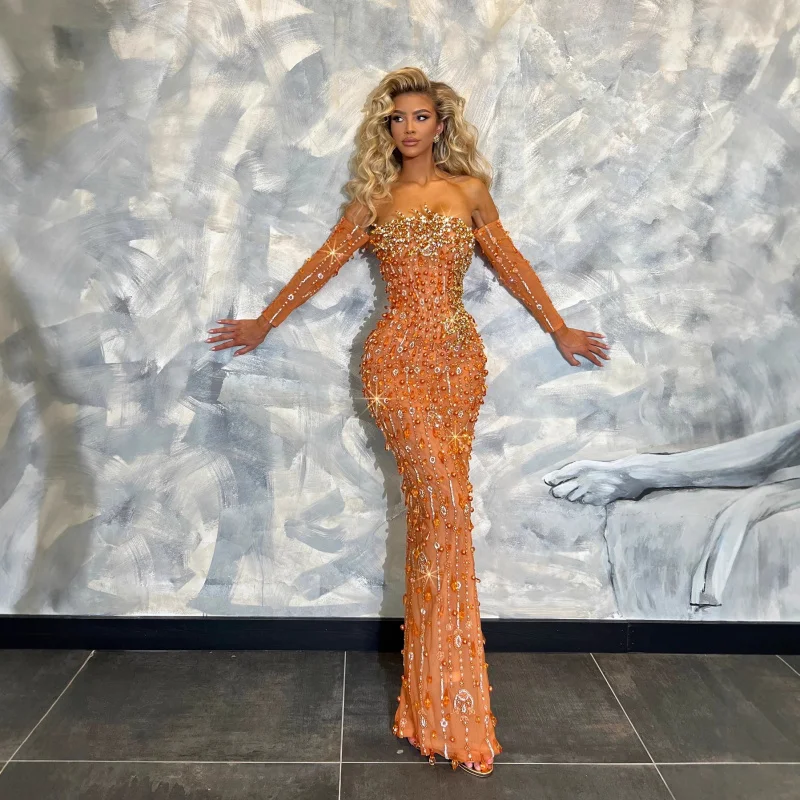 

Новое поступление, женское облегающее платье без бретелек с жемчугом и пайетками, элегантное сексуальное вечернее платье для подиума