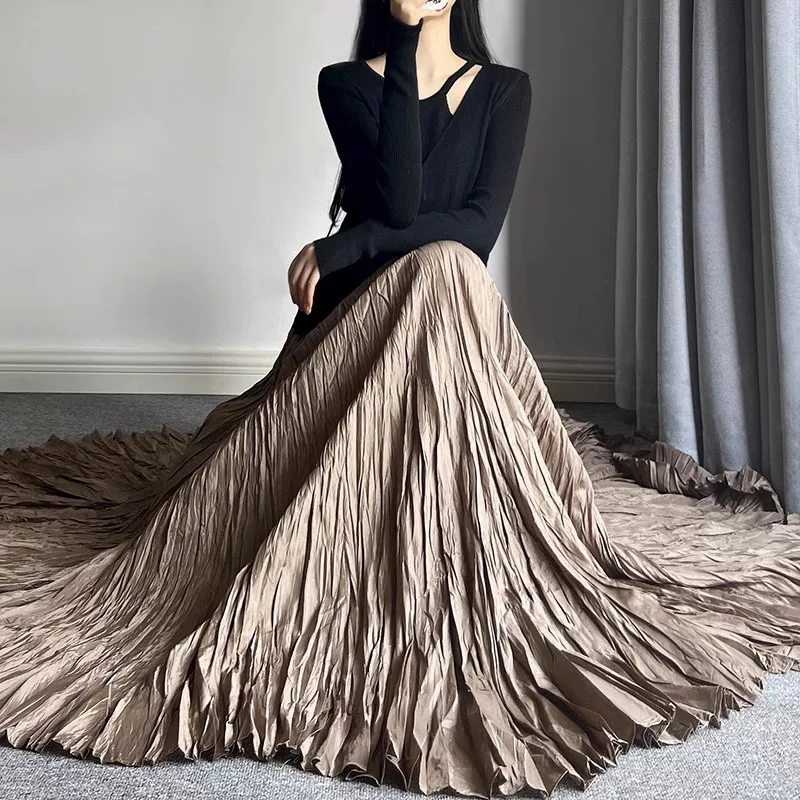 Vintage Fashion Pleated Large Hem Long Skirt Womens Irregular A-Line Loose Casual Solid Color Versatile Ruffle Extra Maxi Skirts