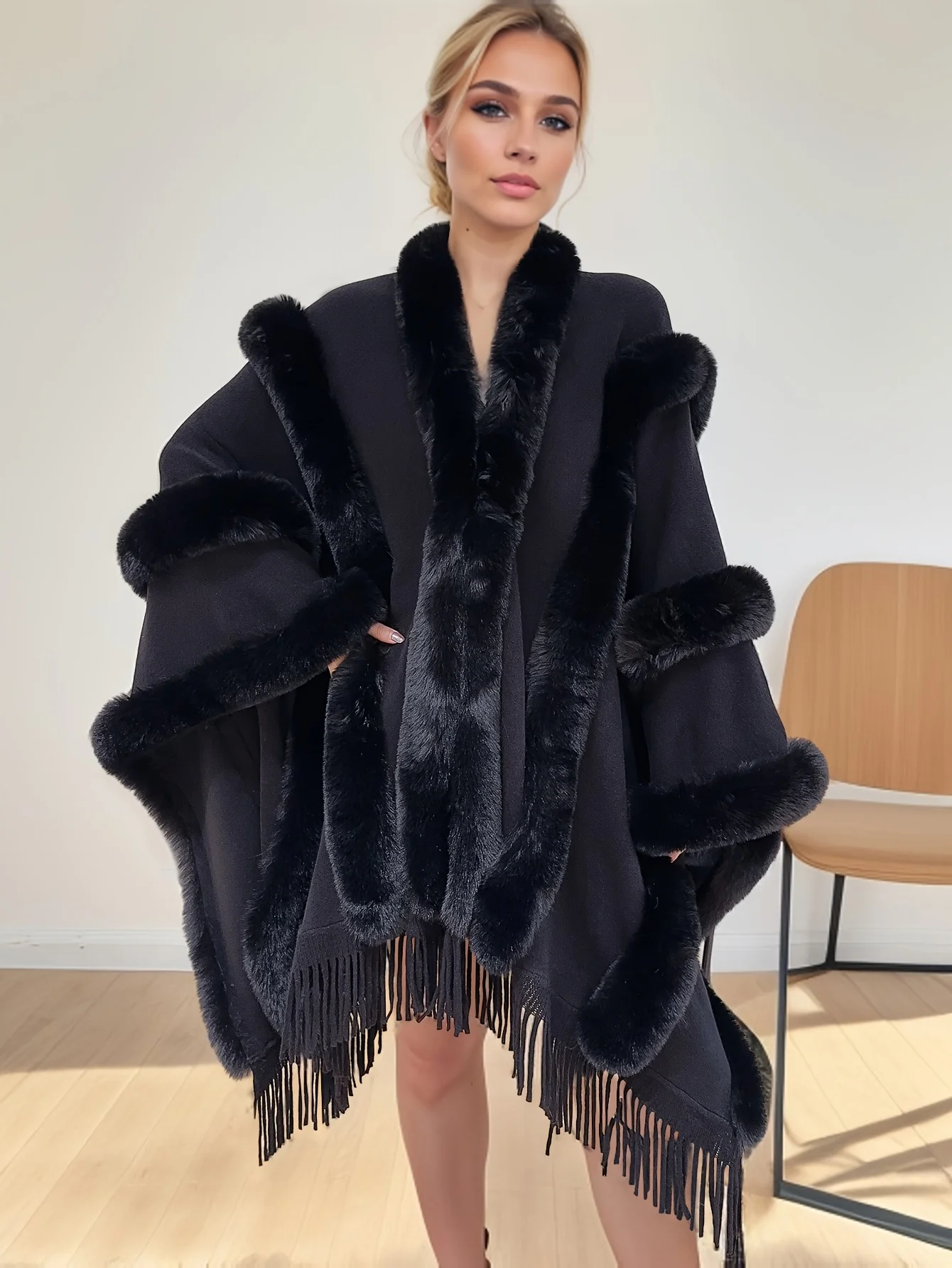 Solid Color Long Shawl Cape Multiple Faux Fur Spliced Shawl Tassel hem design Made of Faux Fur Trimmed Acrylic Knit Fabric
