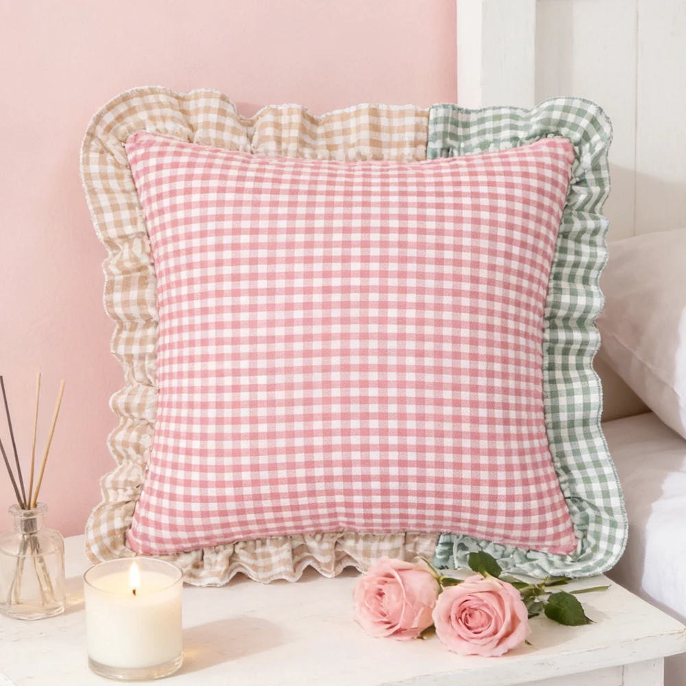 BUYNOW 1PC Plaid Print Cushion Cover Splicing Color Ruffle Pillowcase Soft Home Decor for Sofa Bedroom Living Room Pillow Cover