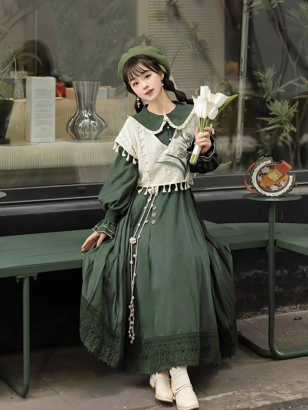 New Chinese Style Vintage Green Lolita Dress Set With Fluffy Sleeves Improve Hanfu Women Han Elements Daily Embroidery Waistcoat - view 4