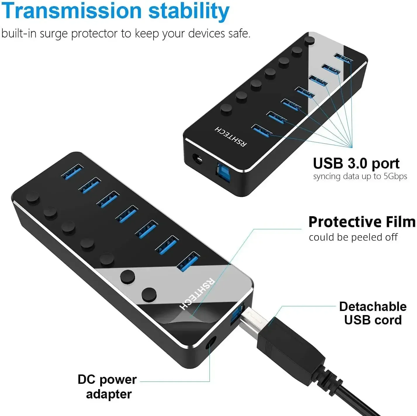 Imagem -04 - Rshtech Hub Usb 3.0 de Portas de Alumínio Gbps Divisor de Transferência de Dados com Interruptores Liga Desliga Individuais e Adaptador 5v 2a