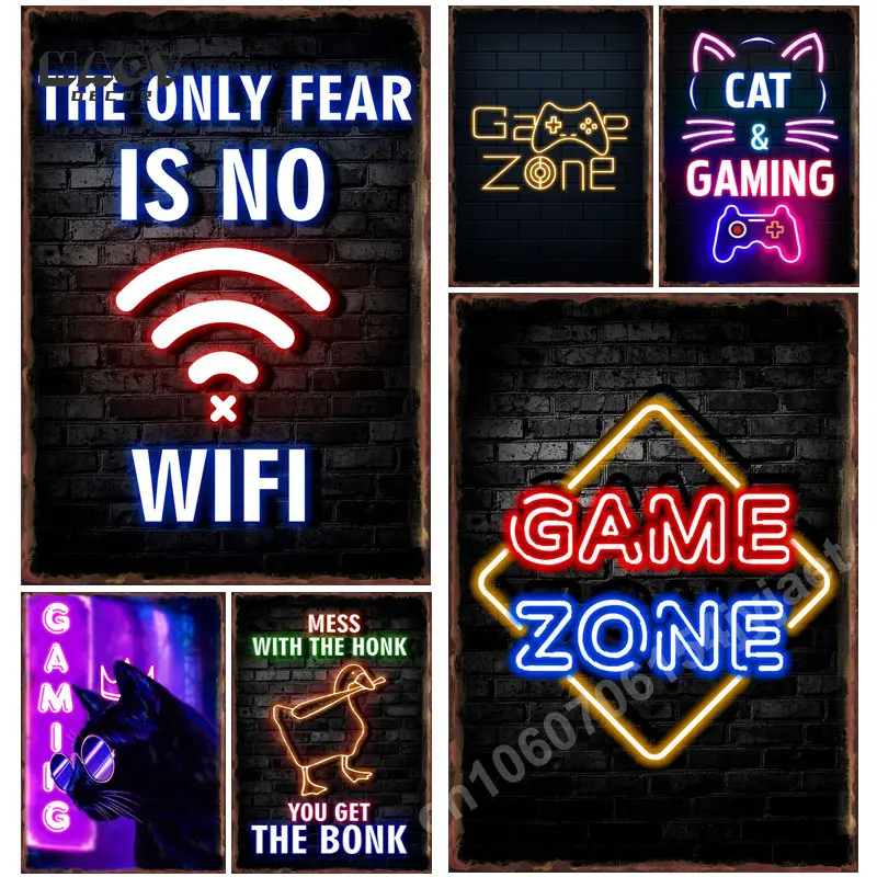 Neon Gaming Zone Metal Tin Sign poster Wall Decor sala giochi Bar Hotel Party corridoio Gamer camera da letto accessori per la decorazione della casa