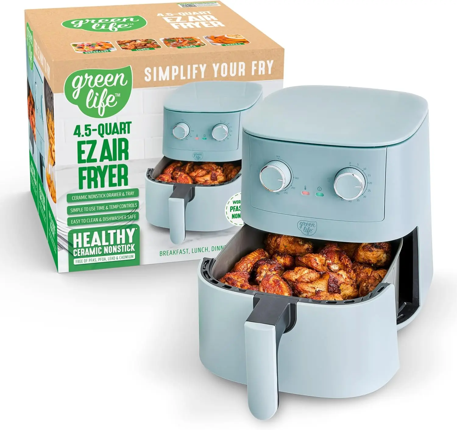 

4.5QT Air Fryer, Mechanical Dial Controls, PFAS-Free Ceramic Nonstick Drawer, Adjustable Temp & Timer, LED Indicator, Oil-Les