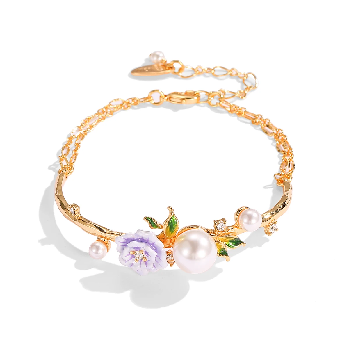 

Elegant temperament enamel glaze purple rose flower pearl bracelet original sweet fashion gold-plated jewelry holiday gift.