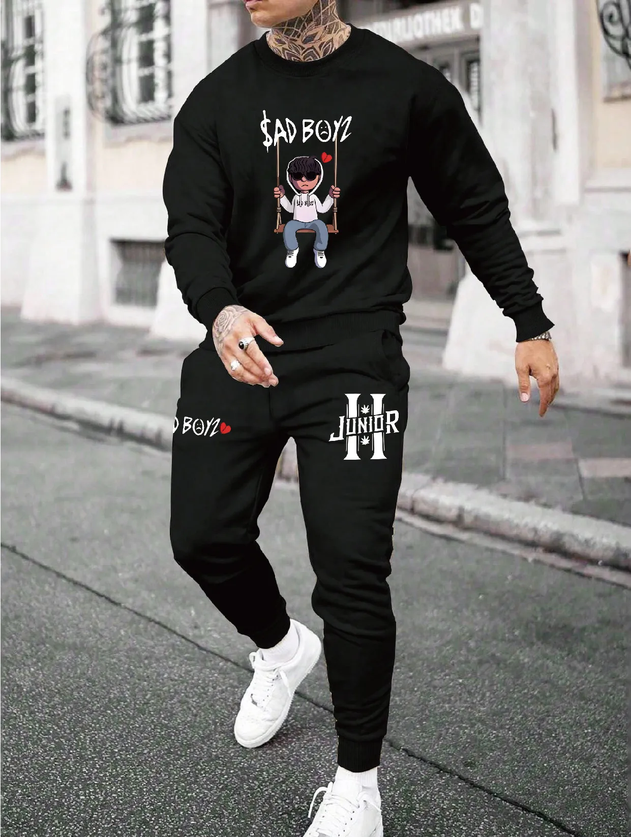 

Round neck sweatshirt suit, white, printed "$AD BOYZ" text, suitable for casual street style