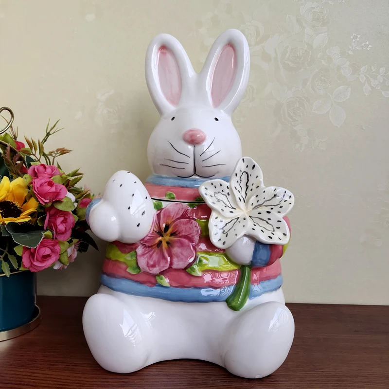 Ceramic Sculpture Pink Rabbit Candy Storage Jar, Home Decor, Living Room Decoration, Dried Fruit Tea Jar, Kitchen Food Container