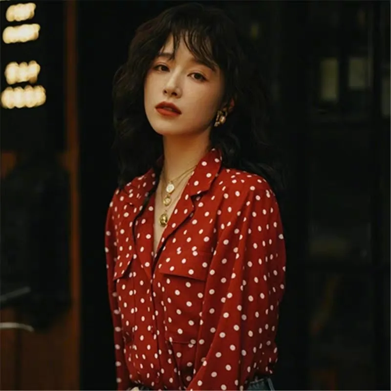 Clothland Women Fashion Red Polka Dot Blouse Notched Collar Long Sleeve Classic Shirt Female Office Wear Tops Mujer LB275