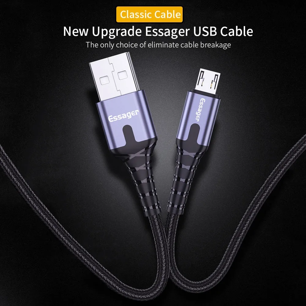 Essager-USBデータケーブル,LED充電器コード,3AマイクロタイプC, 1m, 2m, 3m,耐久性