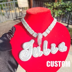 Custom Big Brush Cursive Iced Out Name Pendant Bubble Letters Word Necklace With Rhinestone Baguettes Chain Letter Jewelry