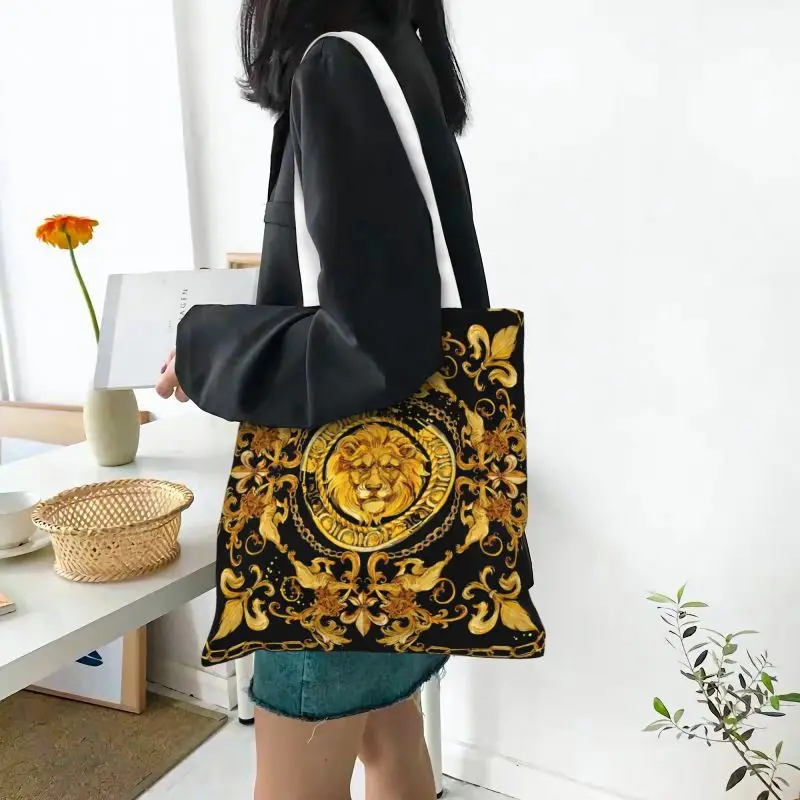 Custom Reusable Golden Lion And Damask Ornament Shopping Bag Shoulder Canvas Tote Bag Durable Baroque Groceries Shopper Bags