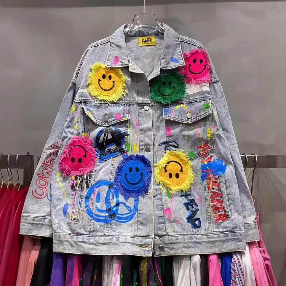 Europees en Amerikaans gepersonaliseerd spijkerjack voor dames, heavy-duty patch graffiti smiley gezicht trendy merk lichte luxe j