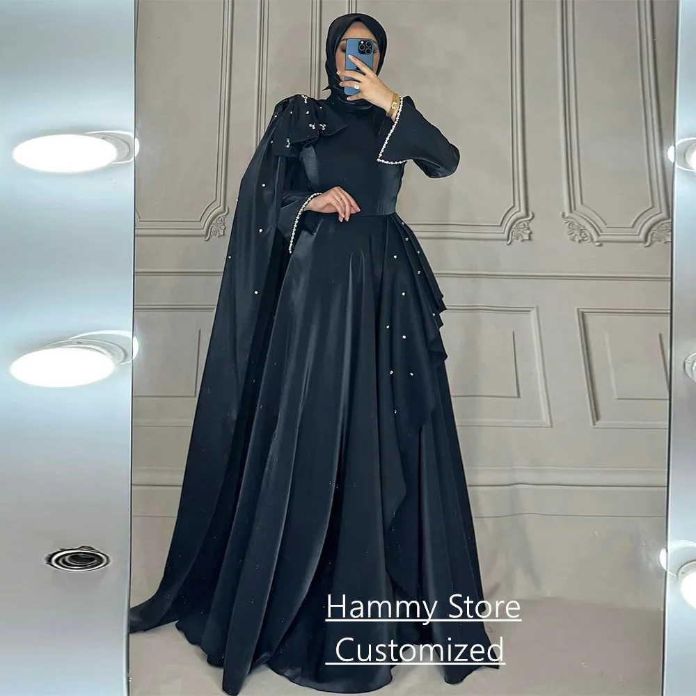 Maßgeschneidertes arabisches Abendkleid, bescheiden, Stehkragen, lange Ärmel, Perlen, Rüschen, A-Linie, arabisches Partykleid, Ballkleider