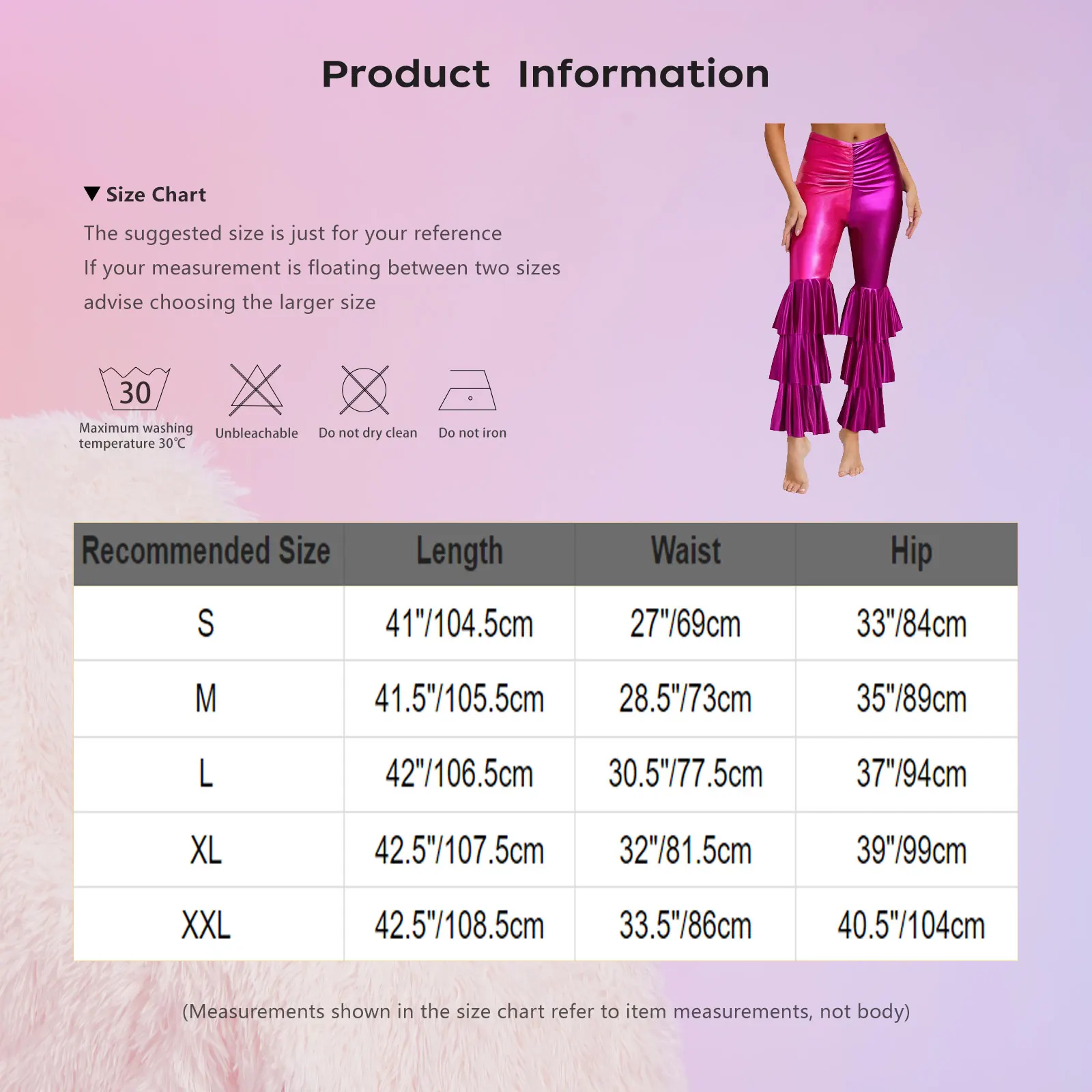 Damskie spodnie dzwony z falbanami w stylu lat 70. i 80., z wysokim stanem, długie spodnie disco, metaliczne, błyszczące spodnie rozszerzane, kostium na Halloween.