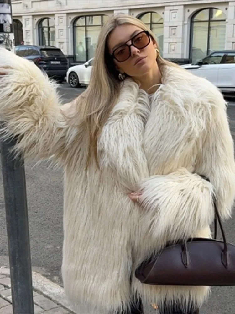 2024 White Elegant Warm Long Faux Fur Coat Fashion Lady Solid Color Full Sleeves Jacket 2024 Winter Woman High Street Outerwear