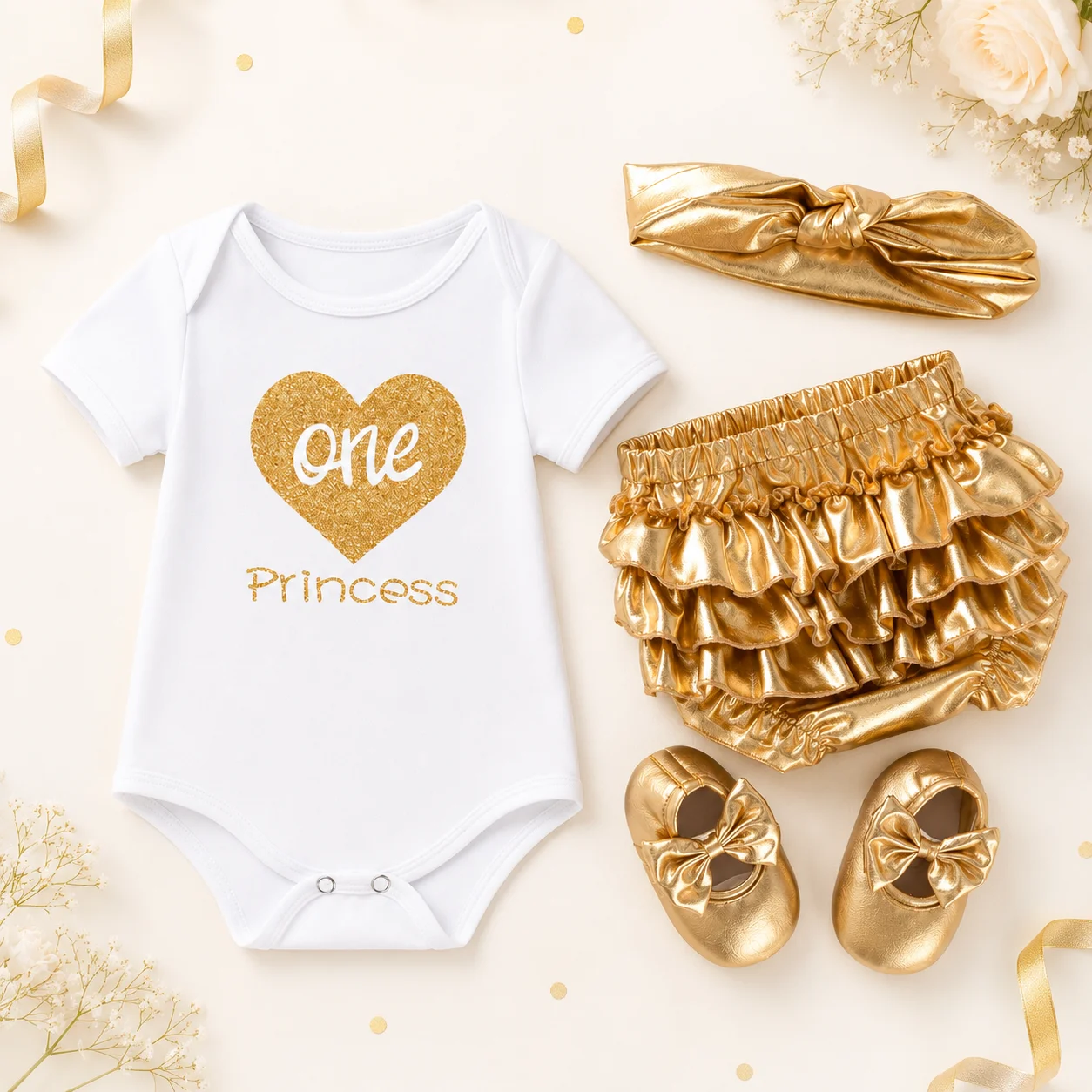 Baby Girl 1st Birthday Outfit Gold Ruffle Bloomers Bodysuit Shoes Headband One Year Old Princess Cake Smash Photoshoot Clothes