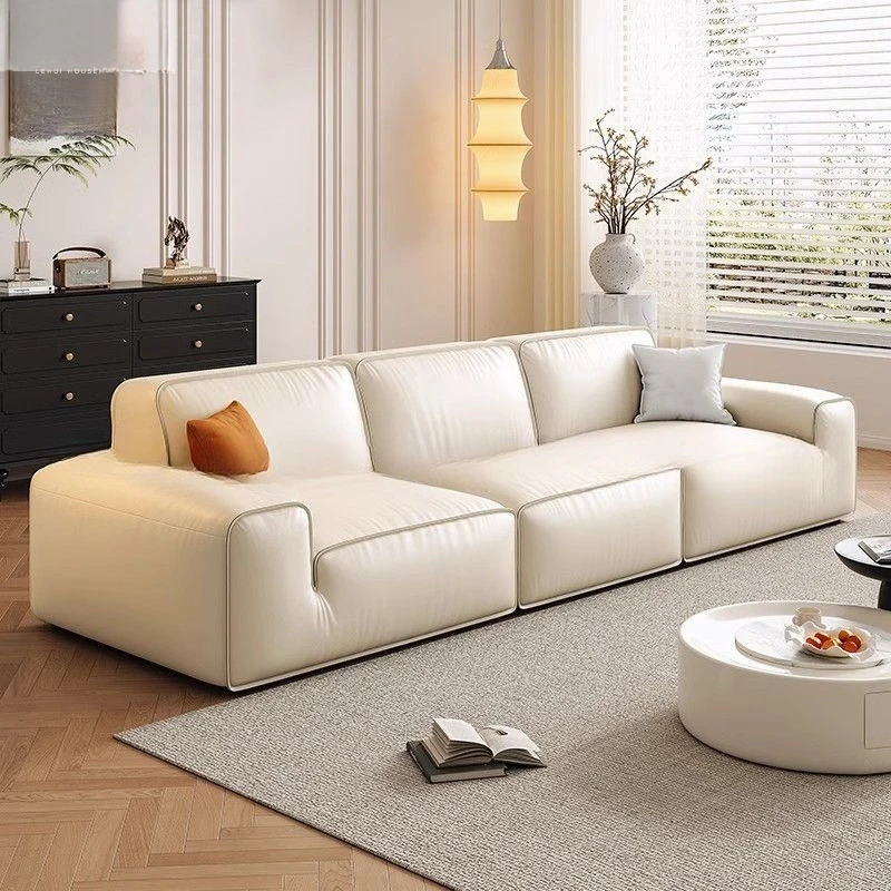 

Modern simple tofu block leather sofa living room small apartment designer sofa straight row