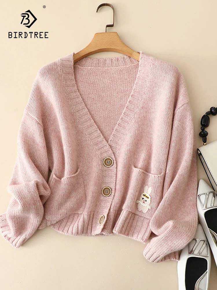 

BirdTree, 4G 100%Pure Cashmere Cardigans, Women V-Neck Embroidery, Elegant Sweet Knit Sweater, 2024 Fall Winter Tops T48938QC