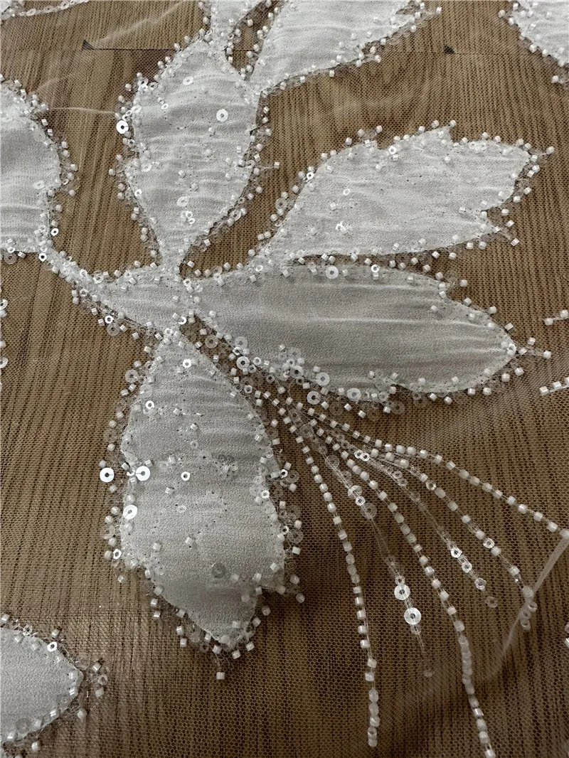 New Style Off White Laser Bead Sequins High Quality Mesh Embroidery French Wedding Dress Lace Fabric Sell By Yard