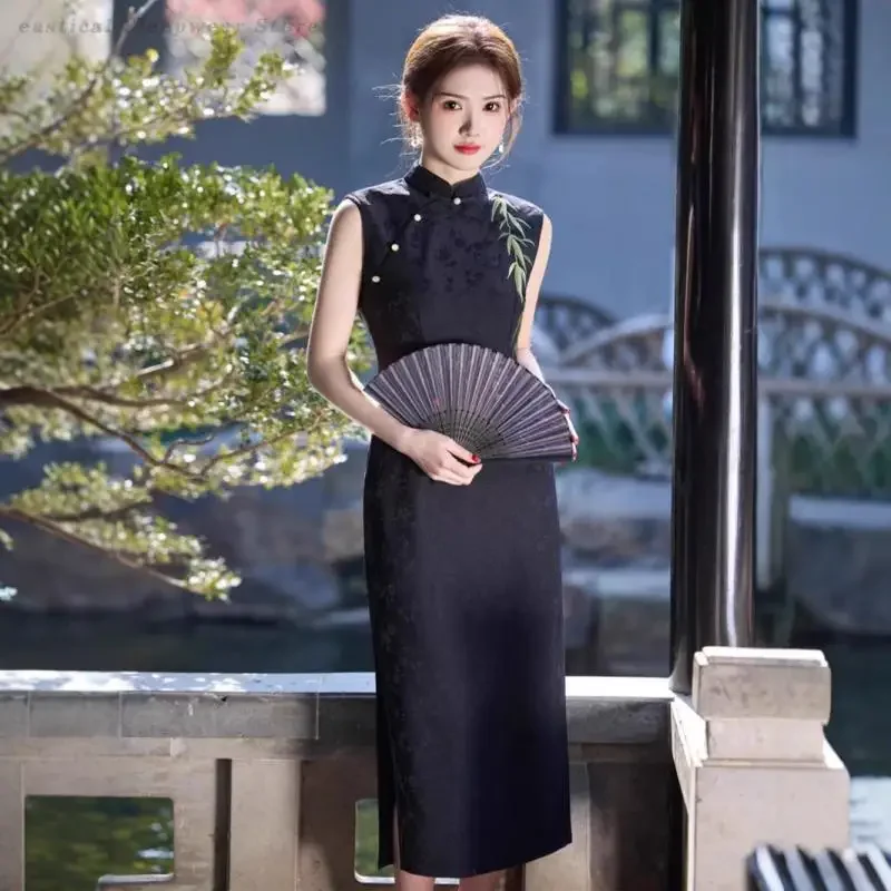 

Черное платье Cheongsam в стиле ретро, новинка 2025, летнее платье Ципао без рукавов, классическая новинка с традиционной вышивкой, Vestidos