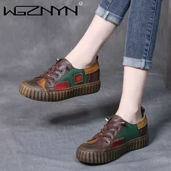 Retro Patchwork Leather Single Shoe for Women Platform Shoes Spring 2023 Autumn British Style Casual Shoes with Low Tops Sneaker