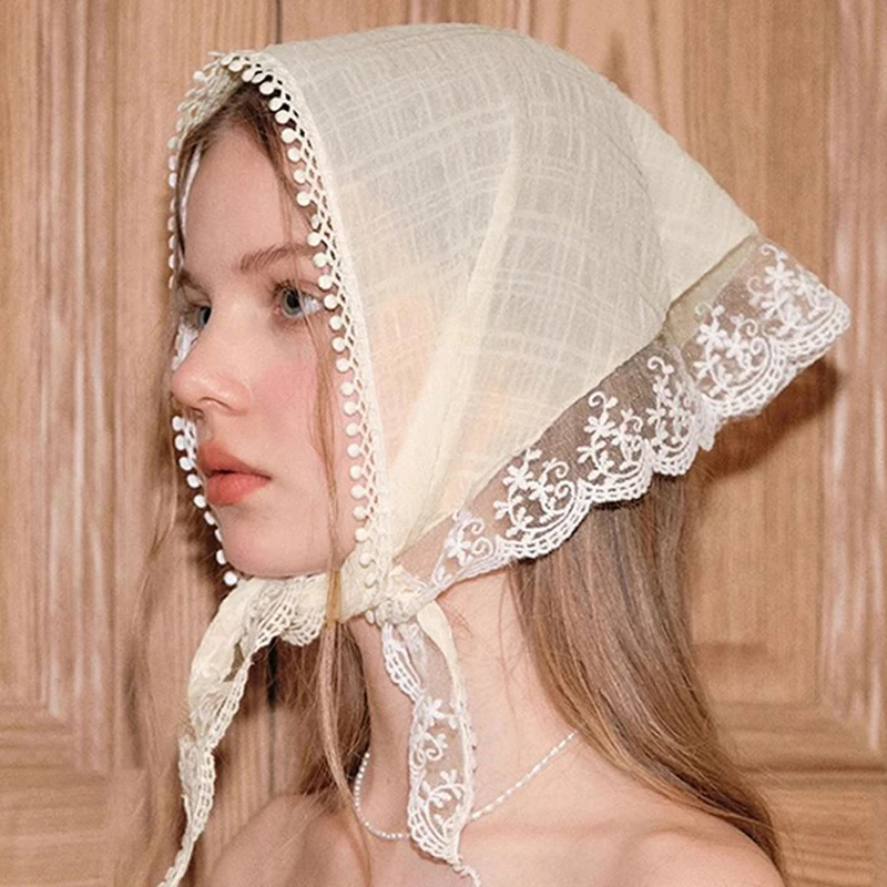 Witte Kanten Driehoek Bandana 'S Voor Vrouwen Franse Hoofddoek Pastorale Vintage Tulband Hoofdbanden Mode Foto Zomer Accessoires