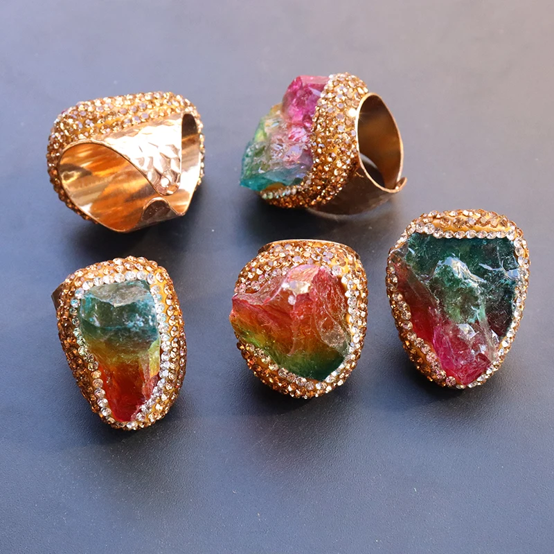 Irregular Rainbow Crystal Open Rings for Women Boho Micro Inlay Reiki Natural Stone Ring Wedding Jewelry with Tourmaline