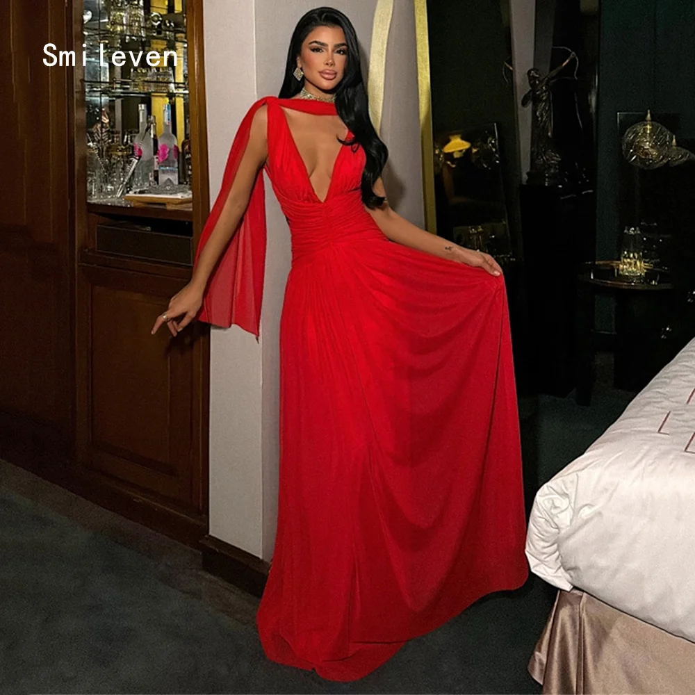

Smileven Luxury Red A Line Prom Dress Illusion Sexy V Neck Evening Gowns Pleat Backless Occasion Dress Customized 2026