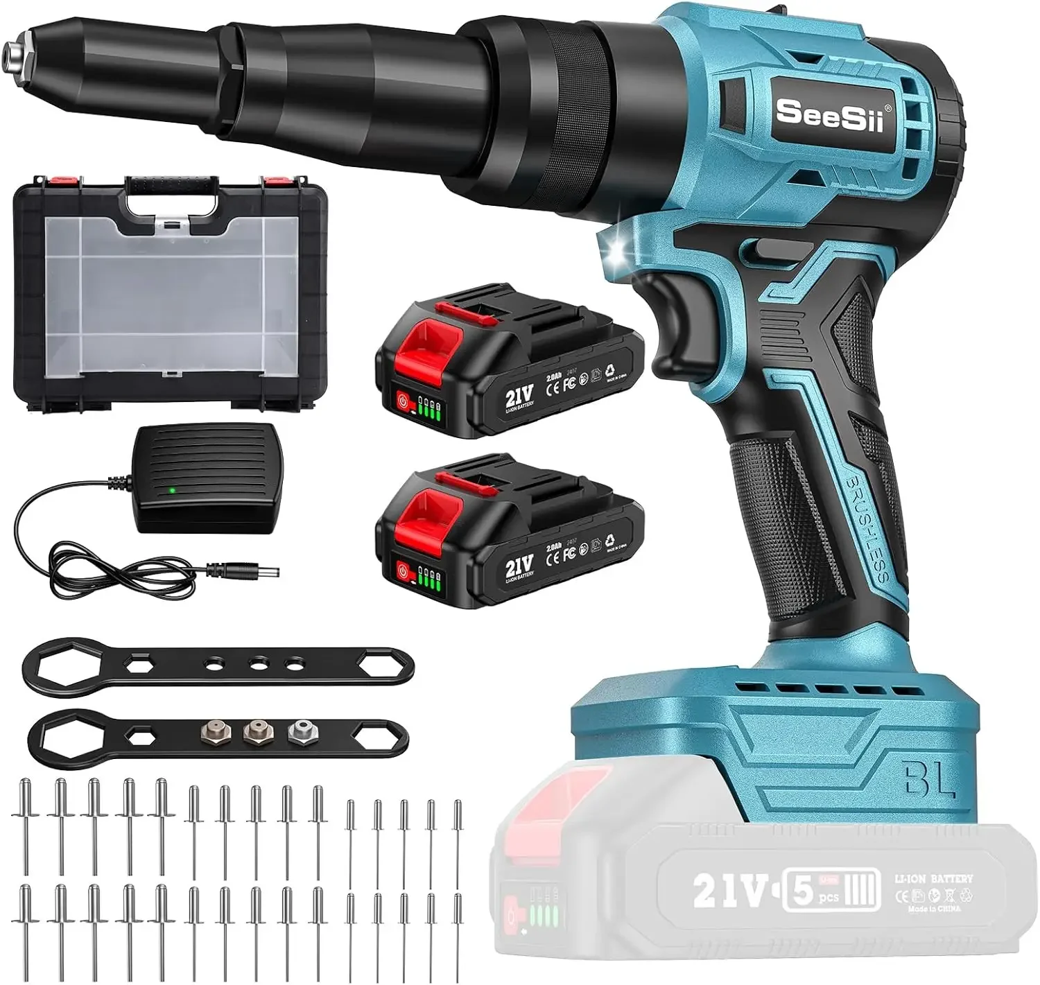 Cordless Rivet Gun, Brushless Rivet Nut Tool with 2x21V Batteries, Quick Change Nosepieces, Variable Speed, 30Pcs Rivets