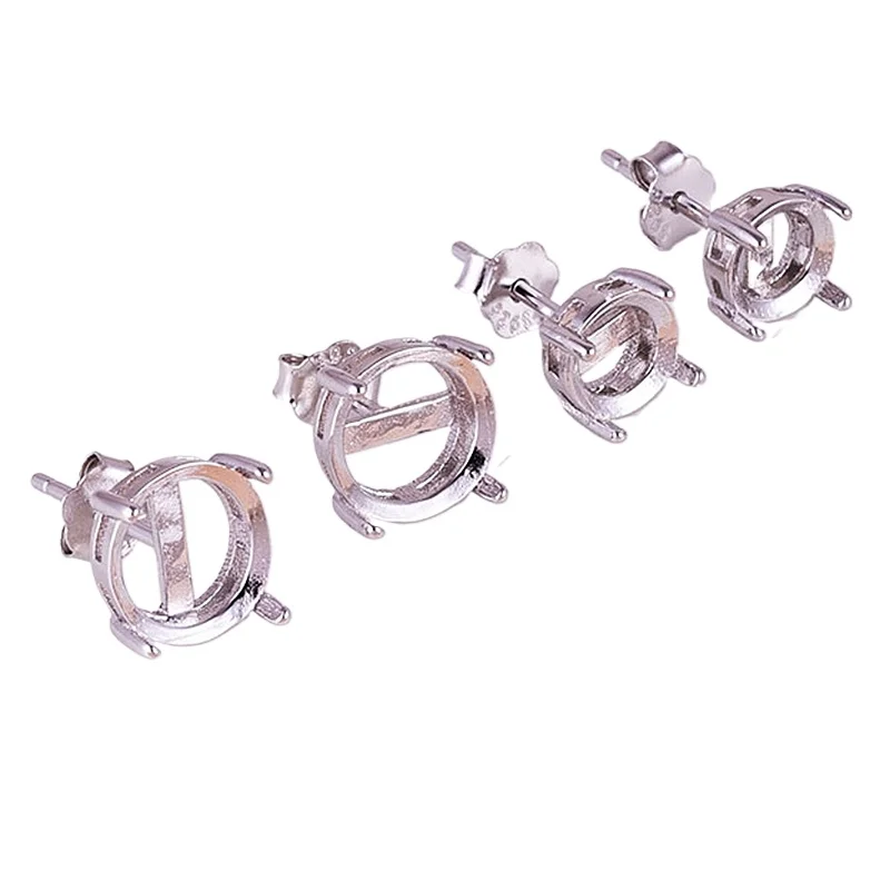 

925 Sterling Silver Women Stud Earrings 5x5mm 6X6 8X8 Round Cabochon Semi Mount Earrings for Amber Agate Opal Setting Wholesale