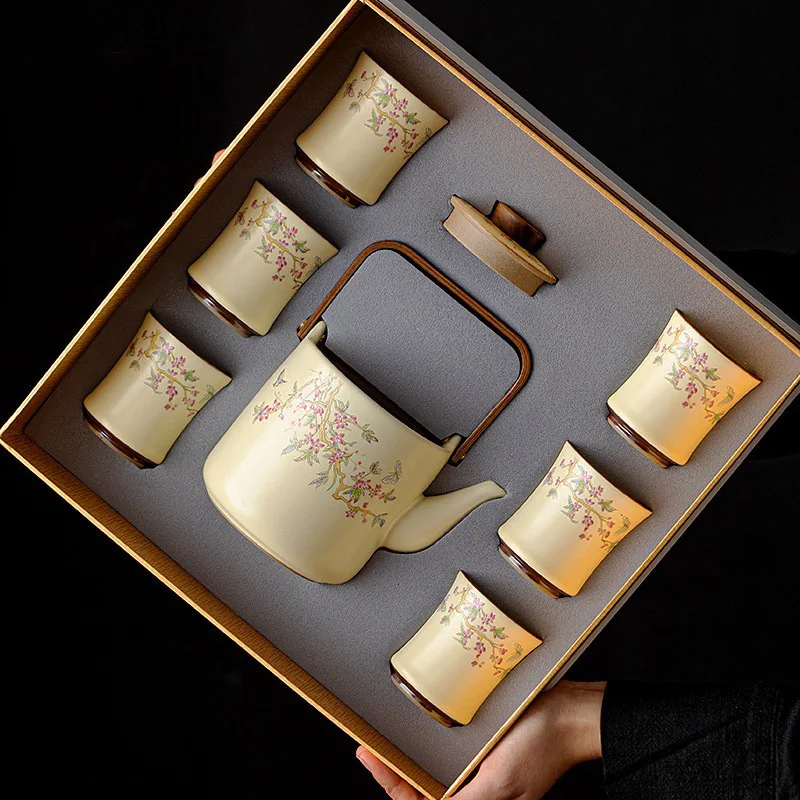 

Ceramic Kung Fu tea set Small household high-end light luxury beam pot Teacup Business gifts Wholesale