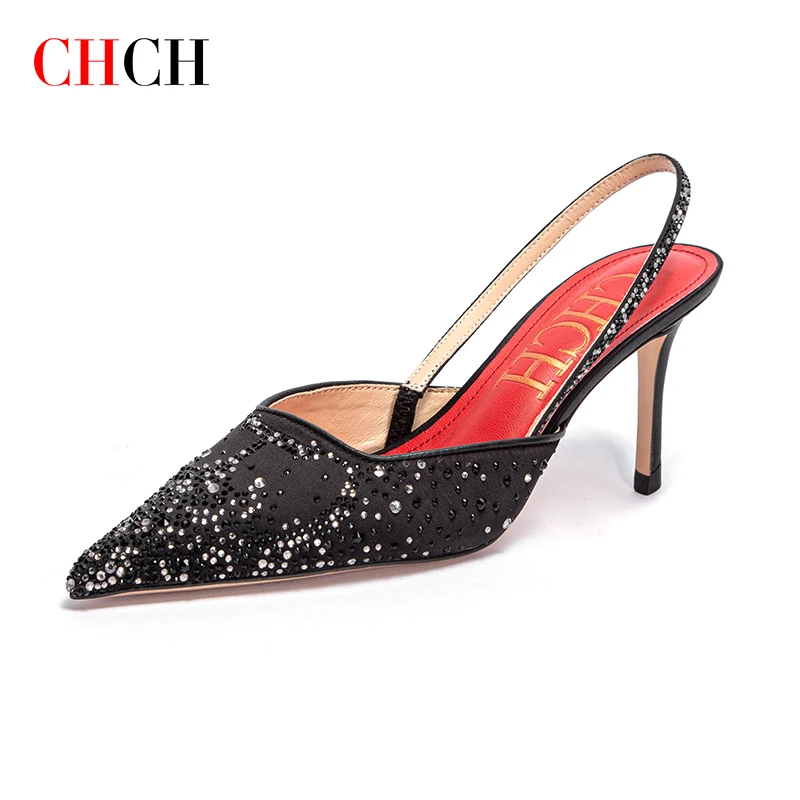 On Offer CHCH Women\'s High Heels Leather Pointed Toe Fine Heeled Sandals Diamond Black Thin Strap Wedding Fashion Shoes