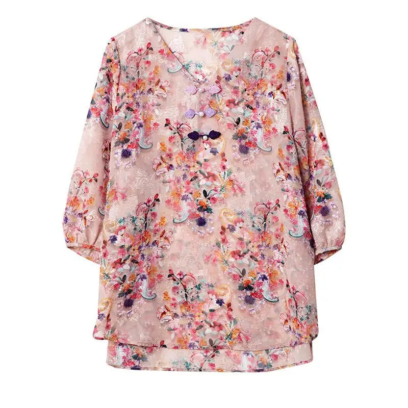 Summer V-neck Elegant Fashion Printing 3/4 Sleeve Shirt Ladies Loose Casual All-match Pullover Top Women Sweet Oversized Blouse