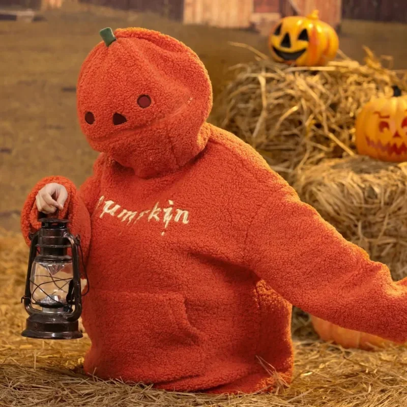 Sweat-shirt d'Halloween Chaud et Mignon avec Tête de Citrouille, Veste en Peluche d'Agneau, Sweat à Capuche Décoré, Vêtements d'Hiver, Automne