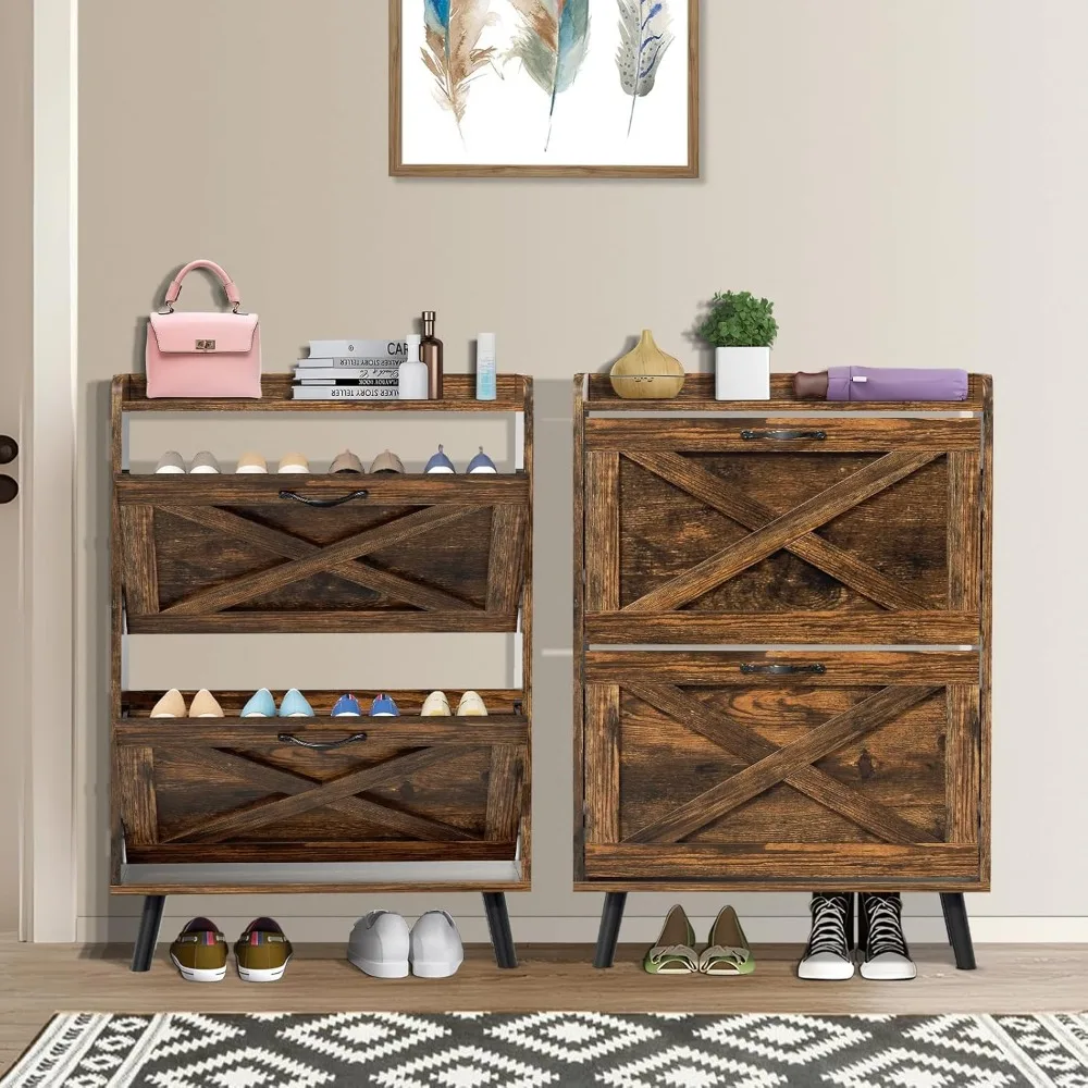 

Shoe Cabinet Storage with 2 Flip Drawers, Freestanding Shoe Organizer with Wooden Legs, Narrow Entryway Shoes Storage Cabinet